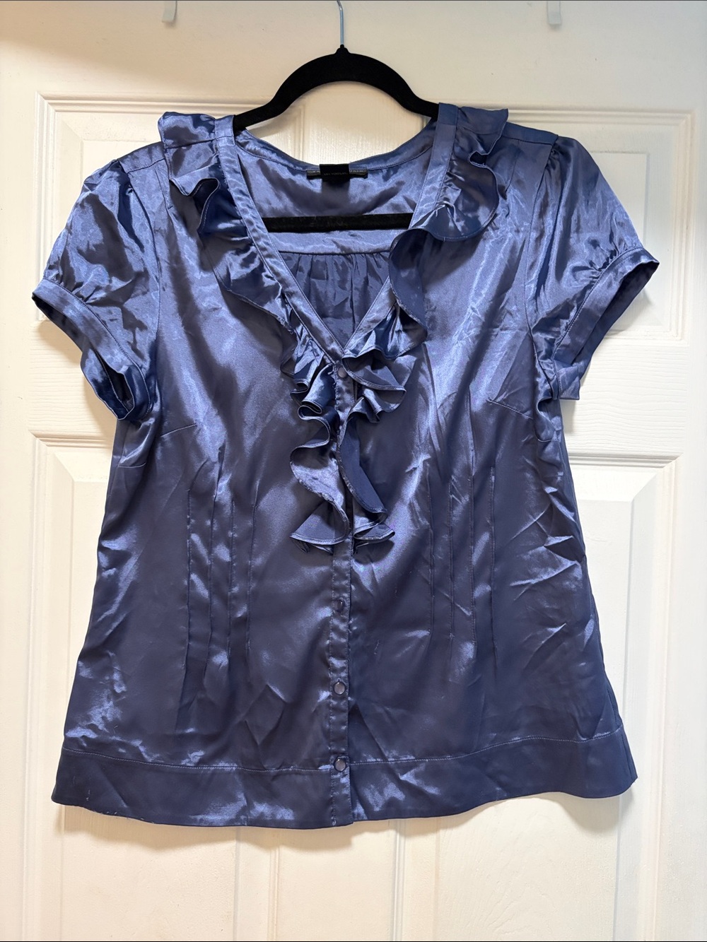 Madison Studio Lavender-Blue Ruffled Satin Blouse